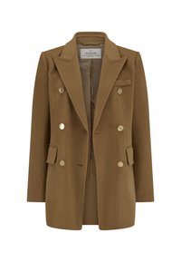Brauner Wollmischblazer mit doppelt geknöpftem Design, goldfarbenen Knöpfen, Revers und zwei Fronttaschen. Gefüttertes Innenteil.