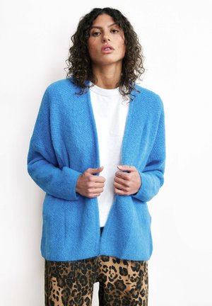 Gilet bleu clair en tissu texturé, avec une ouverture à l'avant, à manches longues, associé à un pantalon brun à imprimé léopard.