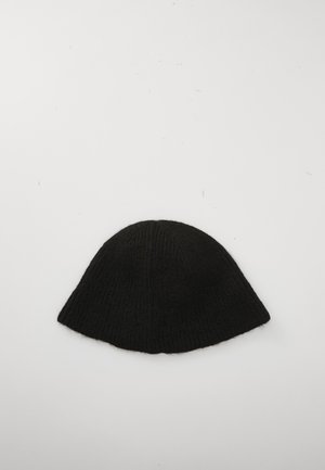 Black knit beanie hat lying flat on a white background, showcasing its rounded top and ribbed texture.