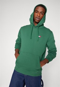 Felpa verde con tasca frontale, cappuccio con cordino e un piccolo logo sul petto. Realizzata in tessuto con una trama liscia. Vestibilità casual.