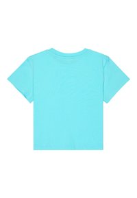 T-shirt en coton bleu clair à manches courtes posé à plat, montrant le dos avec un col rond et des détails de couture simples.