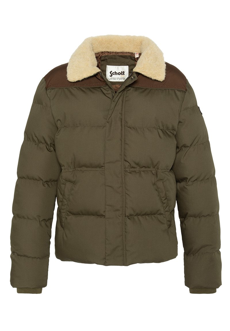 Chaqueta acolchada de color verde oliva con paneles en el hombro marrones y cuello de piel sintética beige, que cuenta con bolsillos delanteros y puños acanalados.