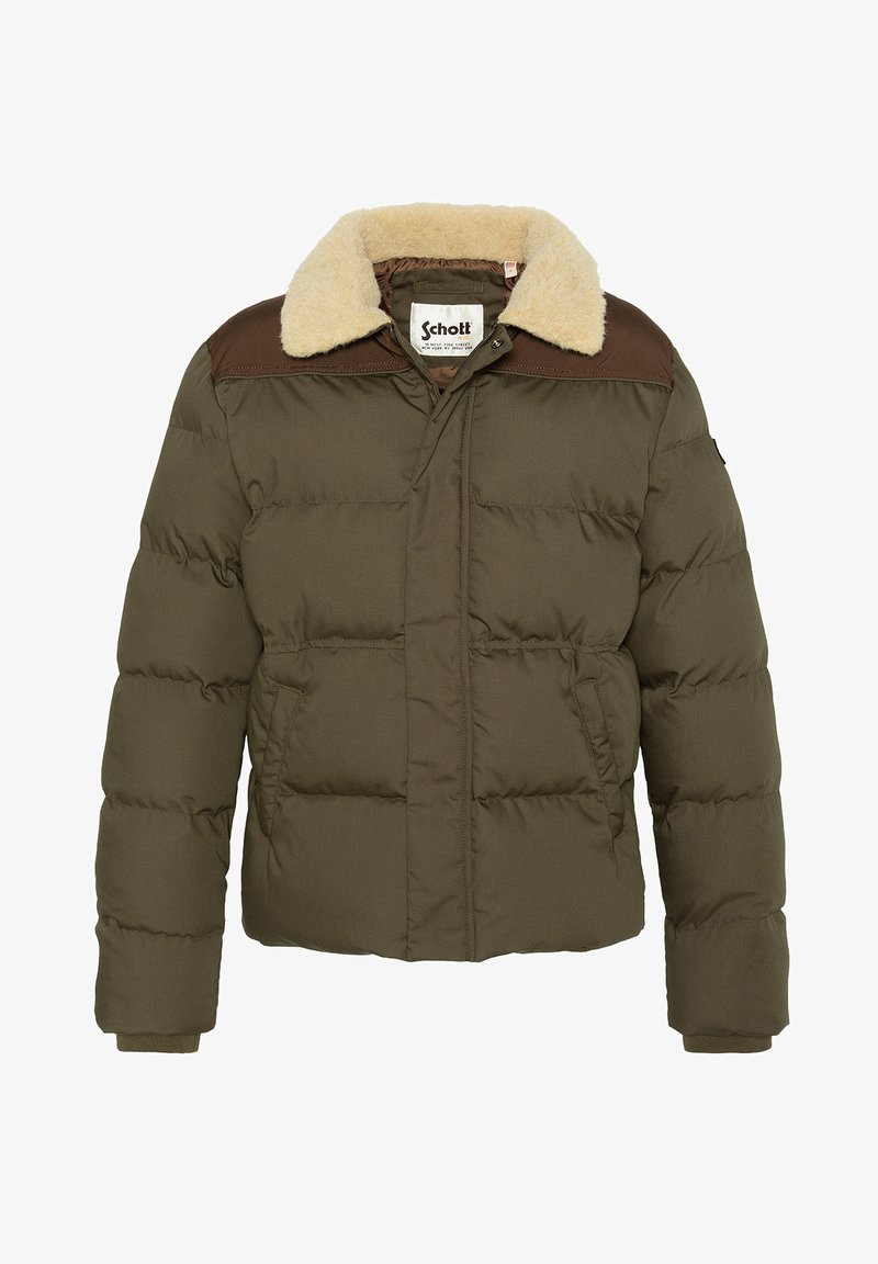 Chaqueta acolchada de color verde oliva con paneles en el hombro marrones y cuello de piel sintética beige, que cuenta con bolsillos delanteros y puños acanalados.