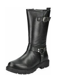 Bota de cuero negro hasta la rodilla con acento de hebilla, parte superior texturizada, suela de goma plana y cremallera lateral para facilitar el uso.