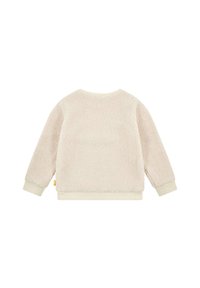 Fleece-Pullover in Creme mit einer weichen, strukturierten Oberfläche. Rippbündchen und -saum, runder Hals und ein kleines Etikett an der Seite.