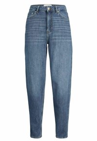 High-waisted, light blue denim jeans with a tapered leg, five-pocket design, and subtle fading along the thighs. Classic button and zipper closure.