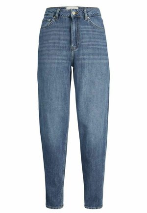Jean en denim bleu clair taille haute avec jambe fuselée, design à cinq poches et décoloration subtile le long des cuisses. Fermeture classique à bouton et zip.
