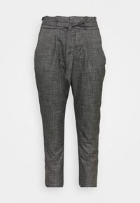 Šedé kostkované kalhoty z lehkého materiálu, s vázacími pásky v pase, volným střihem a tapered nohavicemi. Texturované s mřížkovým vzorem.