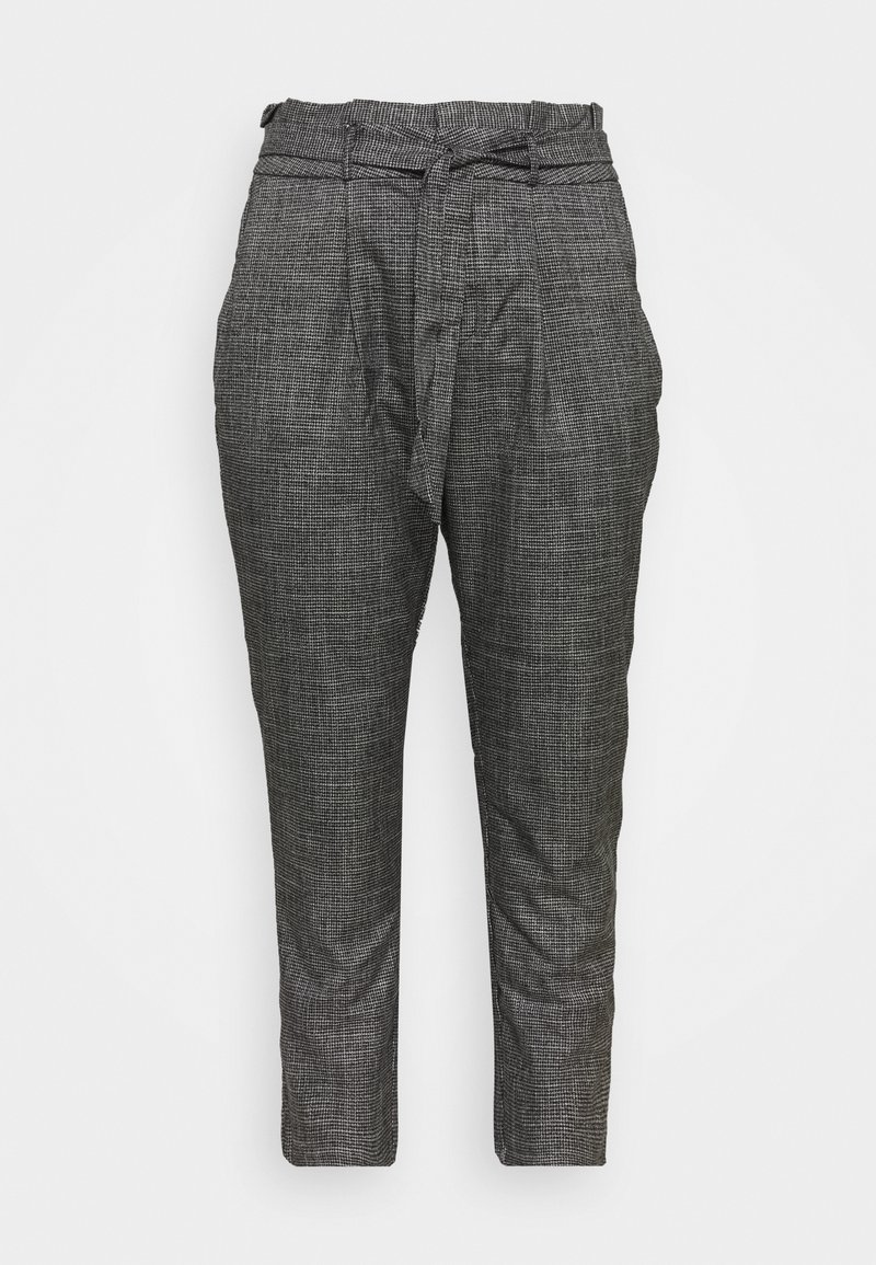 Šedé kostkované kalhoty z lehkého materiálu, s vázacími pásky v pase, volným střihem a tapered nohavicemi. Texturované s mřížkovým vzorem.