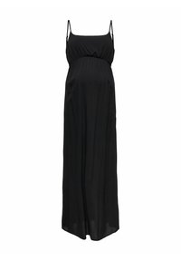 Schwarzes schwangeren Maxi-Kleid mit dünnen verstellbaren Trägern, gerafftem Empire-Taille, fließendem Stoff und gerader Silhouette.