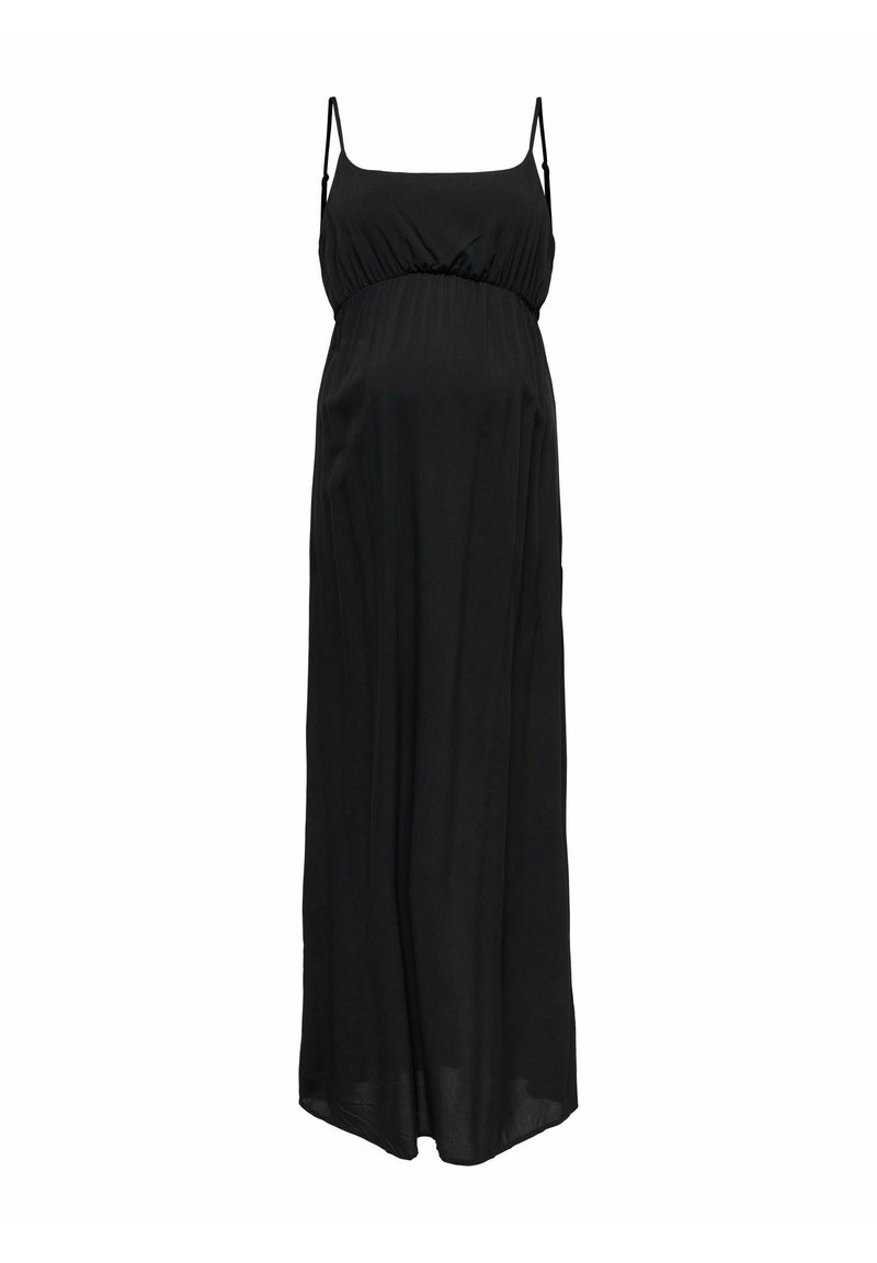 Schwarzes schwangeren Maxi-Kleid mit dünnen verstellbaren Trägern, gerafftem Empire-Taille, fließendem Stoff und gerader Silhouette.