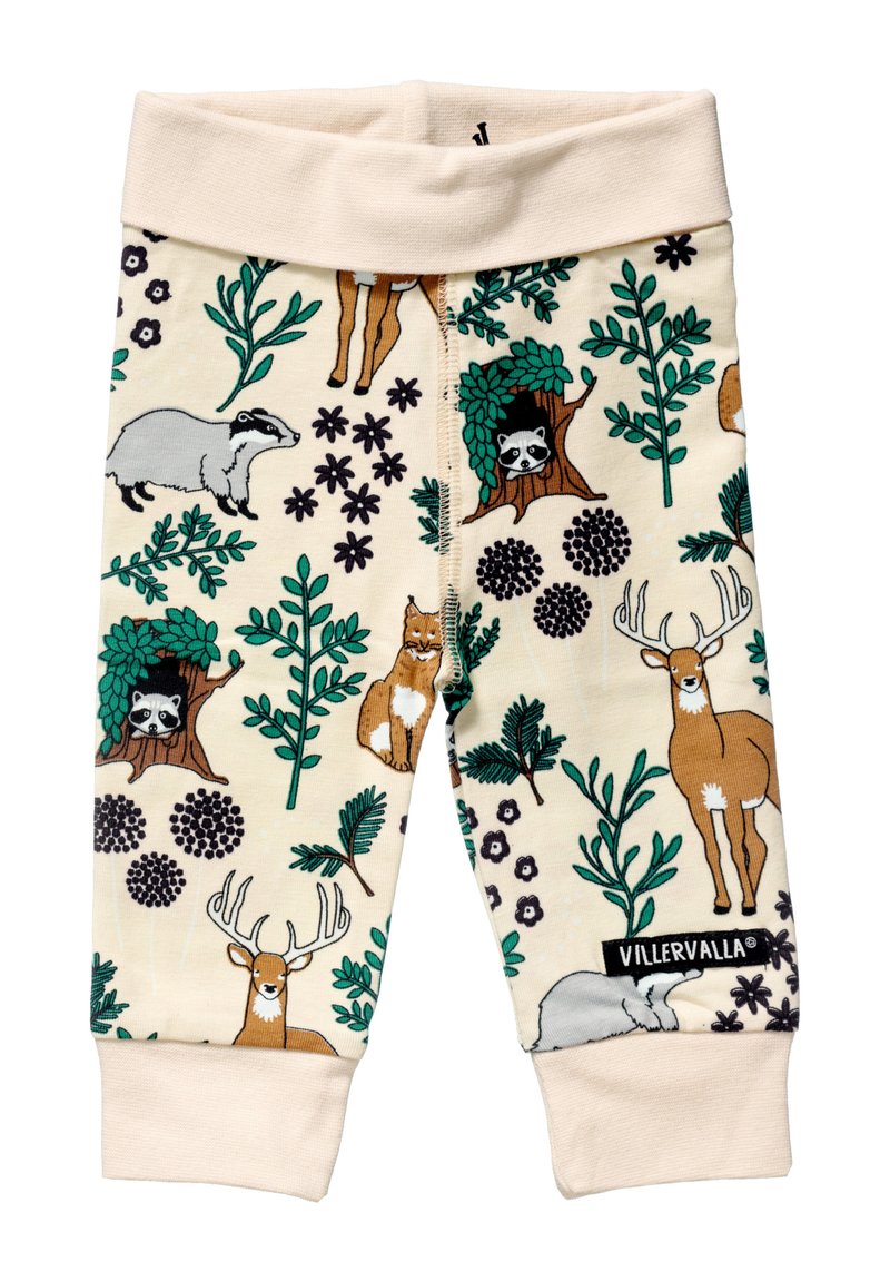 Cotton leggings with a cream background featuring a forest animal print in green, brown, and black, and a soft elastic waistband.
