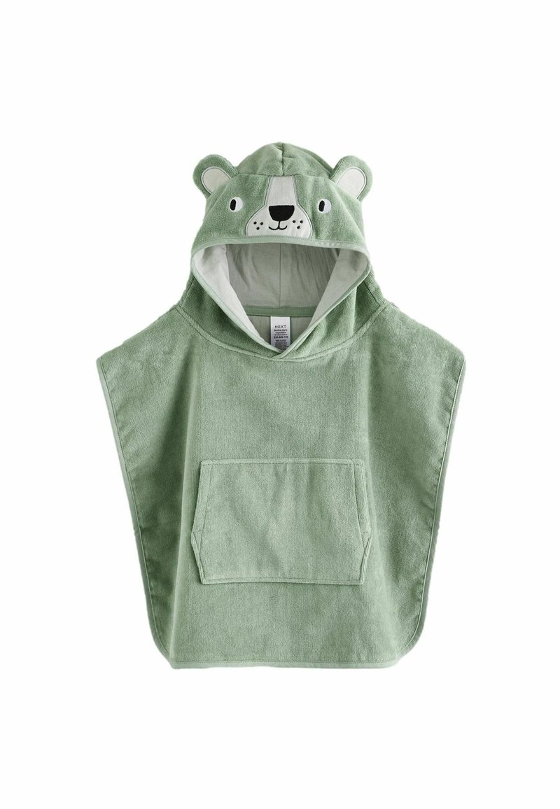 Grön huva poncho gjord av mjukt handdukstyg, med ett björns ansiktsdesign och öron, en ficka framtill och en mysig, absorberande textur.