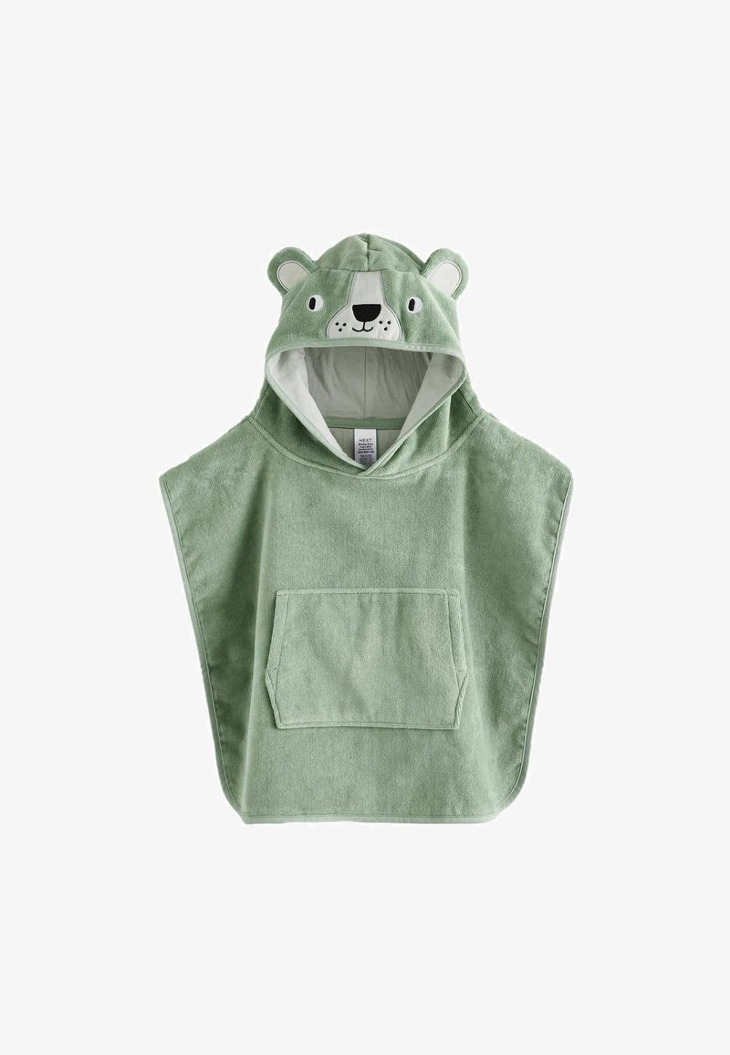 Zöld kapucnis poncsó, puha törölköző anyagból készült, medvearc mintával és fülekkel, elülső zsebbel és kényelmes, nedvszívó textúrával.