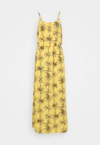 Vestido maxi amarillo con un estampado de palmeras, que cuenta con tirantes finos y una cintura elástica. Hecho de una tela ligera con una textura suave.