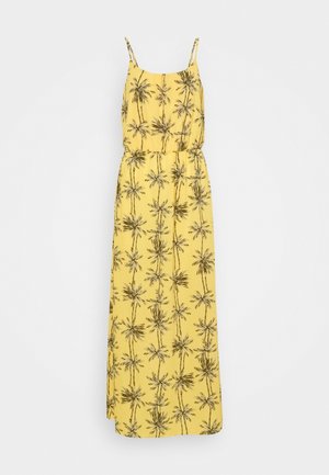 Gelbes Maxikleid mit Palmenmuster, mit dünnen Trägern und elastischem Taillenbund. Aus leichtem Stoff mit glatter Textur gefertigt.