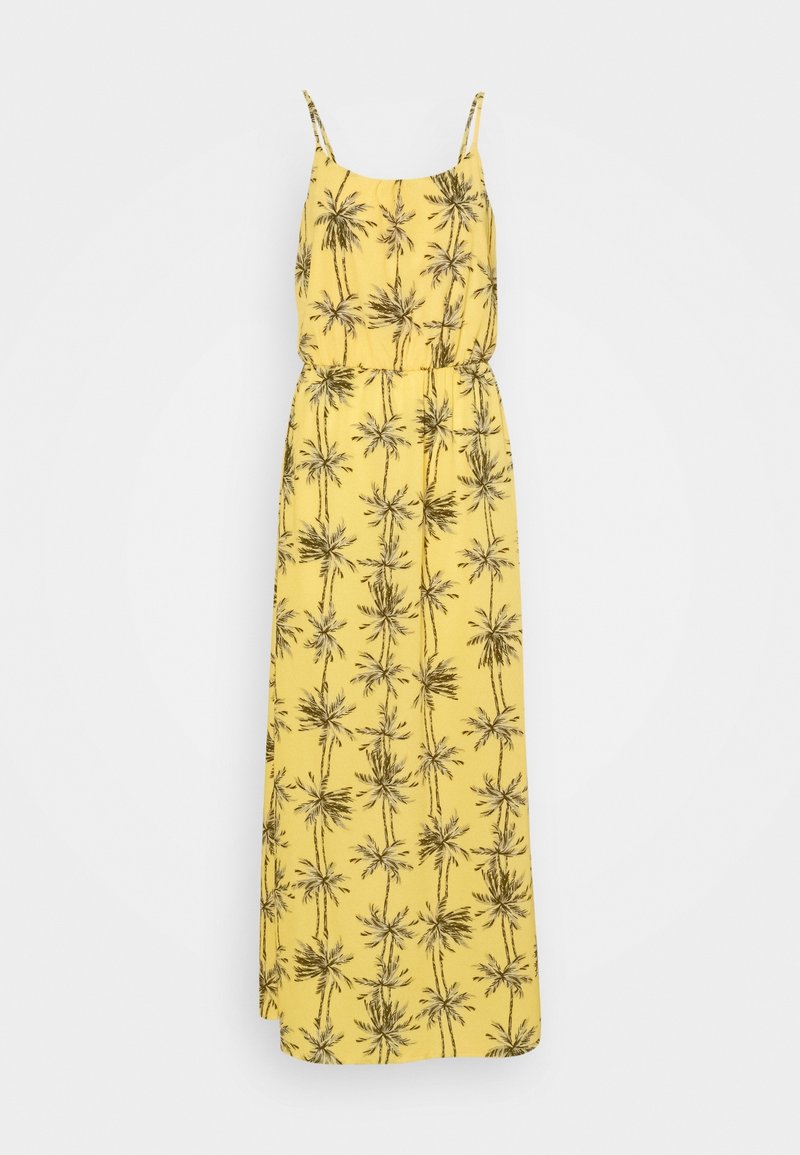 Vestido maxi amarillo con un estampado de palmeras, que cuenta con tirantes finos y una cintura elástica. Hecho de una tela ligera con una textura suave.