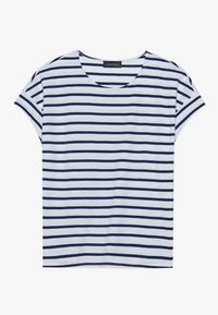 Striped short-sleeve t-shirt in light blue and navy. Round neckline, relaxed fit, made from soft fabric, with horizontal stripes.