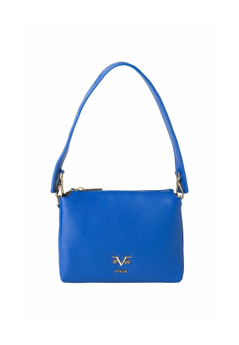 Blauwe leren handtas met een gladde textuur, rechthoekige vorm, bovenste ritssluiting en een korte schouderriem. Gouden logo-accent aan de voorkant.