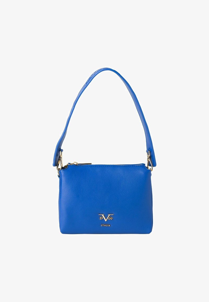 Blauwe leren handtas met een gladde textuur, rechthoekige vorm, bovenste ritssluiting en een korte schouderriem. Gouden logo-accent aan de voorkant.