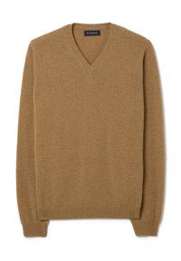 V-Ausschnitt-Pullover aus hellbraunem Strickstoff, mit langen Ärmeln sowie gerippten Bündchen und Saum. Schlichtes Design ohne zusätzliche Muster.