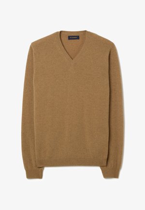 Maglione con scollo a V in tessuto di maglia marrone chiaro, caratterizzato da maniche lunghe e polsini e orlo a coste. Design semplice senza motivi aggiuntivi.
