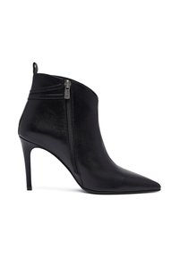 Schwarze Leder-Ankle-Boots mit spitzem Zehenabschluss, Stiletto-Absatz und seitlichem Reißverschluss. Glatte Textur und elegantes Design.