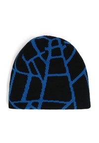 Bonnet en tricot noir avec un motif géométrique bleu. Texture douce avec un ajustement serré, conçu pour la chaleur et le confort.