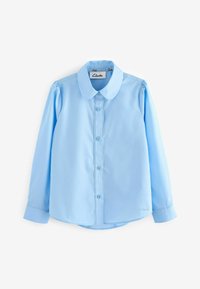 Camicia a maniche lunghe azzurro chiaro con colletto arrotondato, chiusura frontale con bottoni e un delicato dettaglio testurizzato lungo il centro. Tessuto morbido.