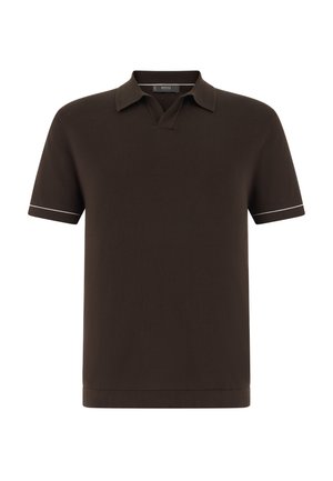 Donkerbruin polohemd met korte mouwen, kraag en witte rand aan de mouwzomen, getoond tegen een effen witte achtergrond.