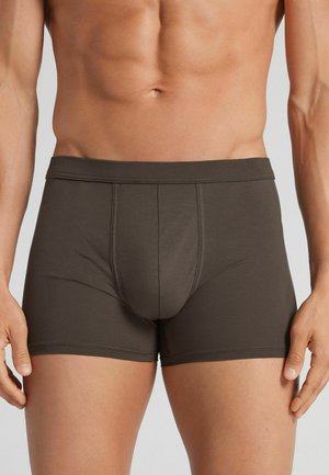 Männlicher Torso mit dunkelbraunen eng anliegenden Boxershorts, die einen definierten Bauch und obere Oberschenkel vor einem neutralen Hintergrund zeigen.