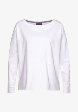 Weißes Langarm-T-Shirt mit weitem Ausschnitt, lockerer Passform und weichem Baumwollmaterial. Mit Bündchen an den Handgelenken und einem Markenetikett im Kragen.