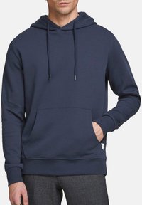 Navyblaue Hoodie aus Baumwollmix mit verstellbaren Kordeln, Fronttasche, gerippten Bündchen und Saum sowie einem kleinen Markenlabel an der Seite.