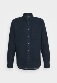 Námořnická košile na knoflíky s texturovaným mřížkovým vzorem, dlouhými rukávy, kapsou na hrudi a kontrastním kostkovaným vnitřním límcem.