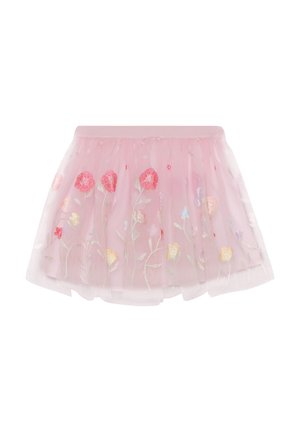 Różowa spódnica z tiulu z wielokolorowym haftem kwiatowym i miękkim pasem, zaprojektowana dla dzieci.