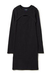 Vestito lungo nero a costine con maniche lunghe, scollatura rotonda e dettaglio a taglio sul davanti, caratterizzato da una vestibilità slim e dritta.