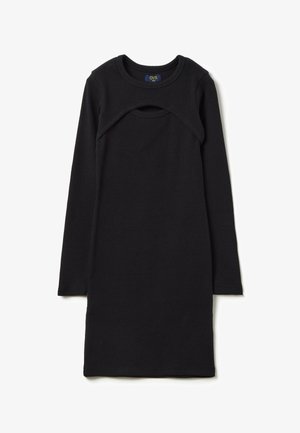 Schwarzes Rippkleid mit langen Ärmeln, rundem Ausschnitt und einem Ausschnitt-Detail vorne, in slim, geradem Schnitt.