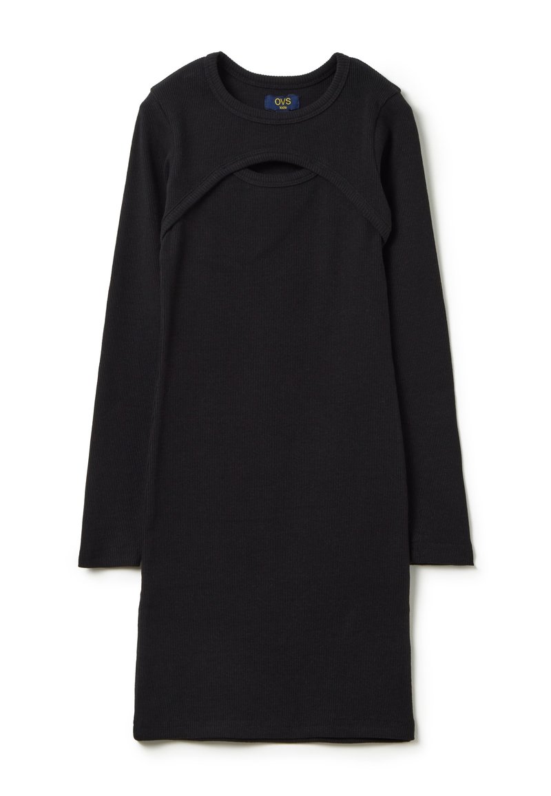 Vestito lungo nero a costine con maniche lunghe, scollatura rotonda e dettaglio a taglio sul davanti, caratterizzato da una vestibilità slim e dritta.