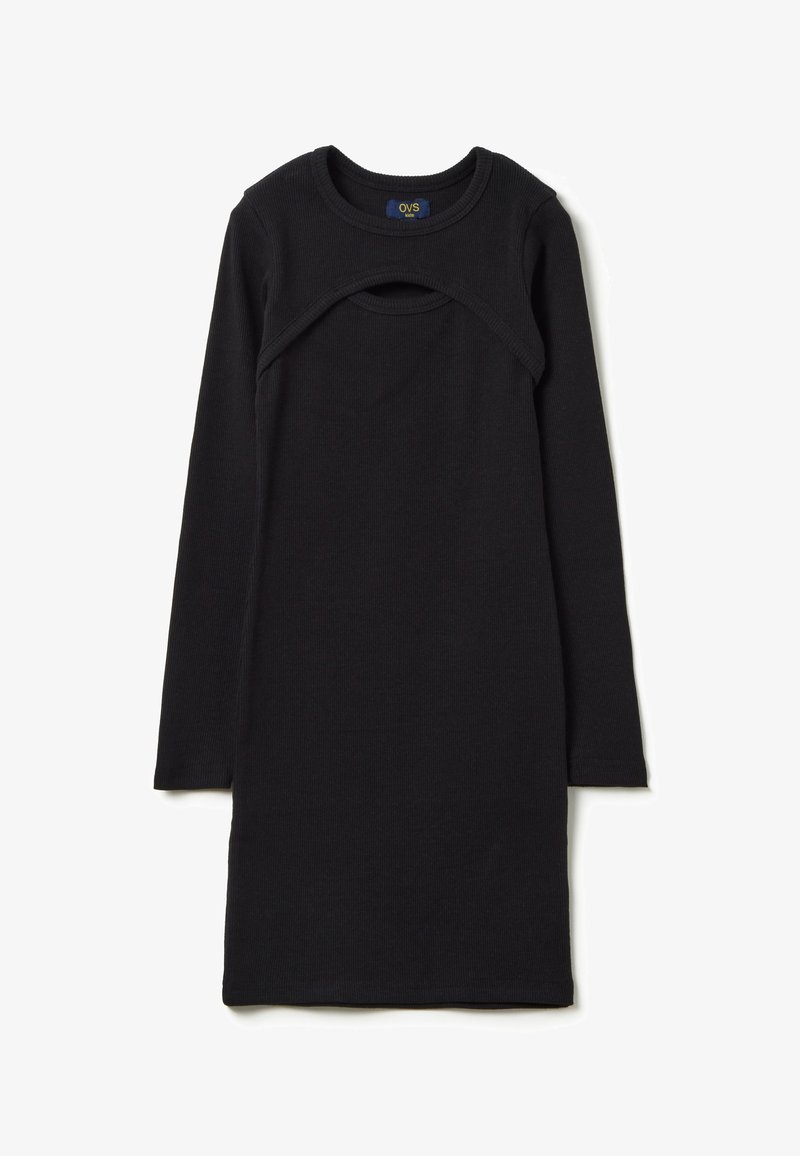 Vestito lungo nero a costine con maniche lunghe, scollatura rotonda e dettaglio a taglio sul davanti, caratterizzato da una vestibilità slim e dritta.