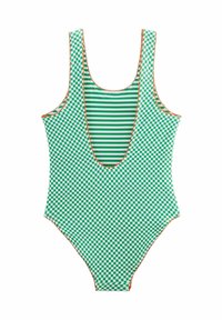 Maillot de bain une pièce vert avec un motif à damier, intérieur rayé et bord orange le long des bords. Bretelles larges et design à dos bas.