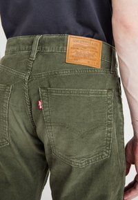Žalios korduroyo kelnės su odiniu ženkleliu, ant kurio užrašyta "Levi Strauss & Co." gale. Matoma siuvinėjimo detalė ir raudonas logotipo ženklas ant kišenės.