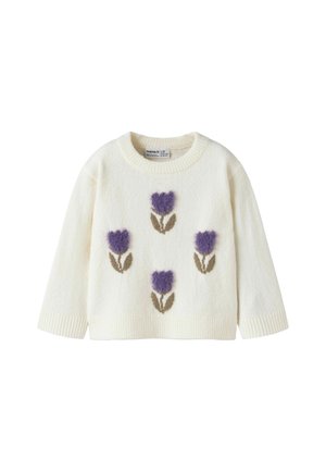 Pull blanc à manches longues avec quatre tulipes violettes duveteuses et des tiges vertes placées de manière uniforme sur le devant.