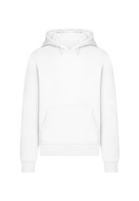 Weißer Kapuzenpullover mit Kängurutasche, verstellbarem Kordelzug in der Kapuze, gerippten Bündchen und Saum, aus weichem Stoff mit glatter Textur.