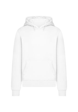Weißer Kapuzenpullover mit Kängurutasche, verstellbarem Kordelzug in der Kapuze, gerippten Bündchen und Saum, aus weichem Stoff mit glatter Textur.