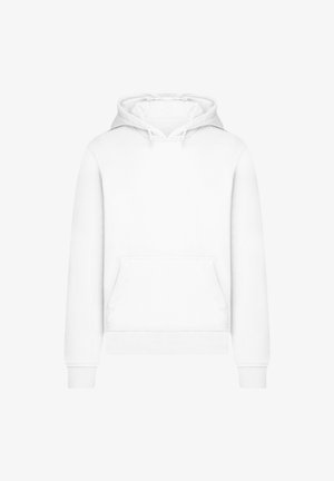 White hoodie with a kangaroo pocket, adjustable drawstring hood, ribbed cuffs and hem, made of soft fabric with a smooth texture.