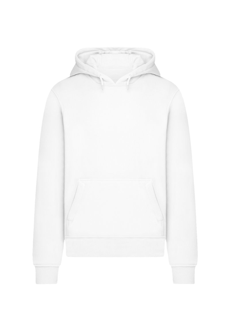 Weißer Kapuzenpullover mit Kängurutasche, verstellbarem Kordelzug in der Kapuze, gerippten Bündchen und Saum, aus weichem Stoff mit glatter Textur.