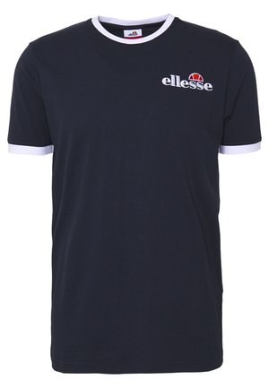 Marineblå T-shirt med korte ærmer, hvid krave og ærmekanter, med lille ellesse-logo på øverste venstre bryst.