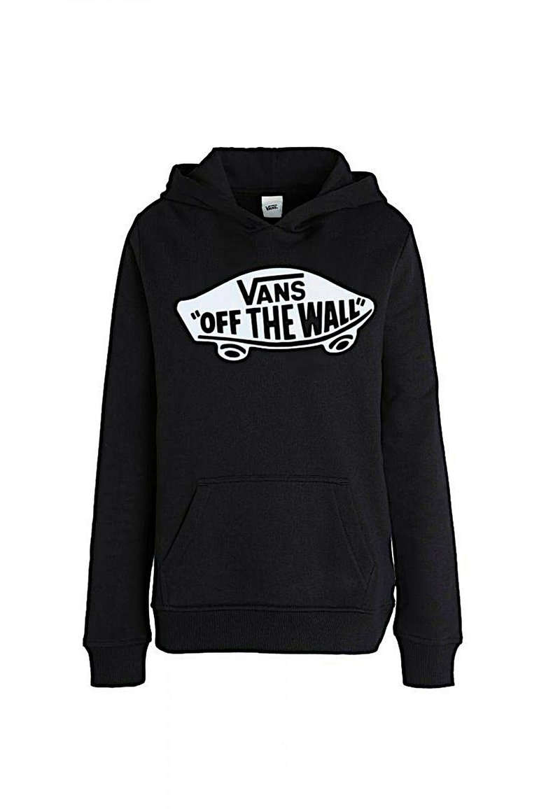 Felpa nera in misto cotone, dotata di tasca a marsupio frontale. Grande logo bianco "Vans 'Off The Wall'" sul petto.