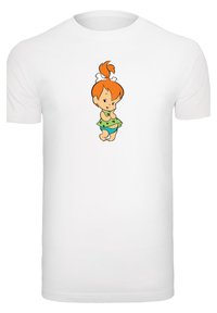 White t-shirt featuring a cartoon character with orange hair in a green dress, standing with a playful pose.
