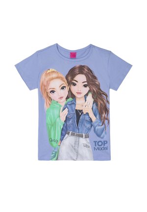 Lilac t-shirt with two illustrated girls, one blonde in green hoodie and one brunette in denim jacket, labeled "Christy" and "Talita," text "TOP Model."
